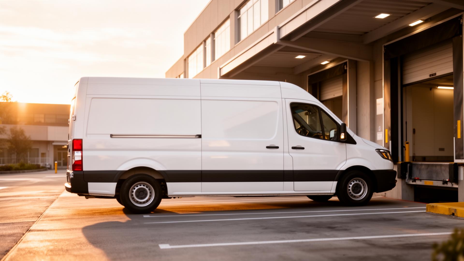White medical delivery van at a hospital loading dock at golden hour
