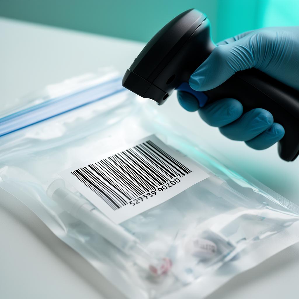 Gloved hand scanning a medical specimen bag with a handheld barcode scanner
